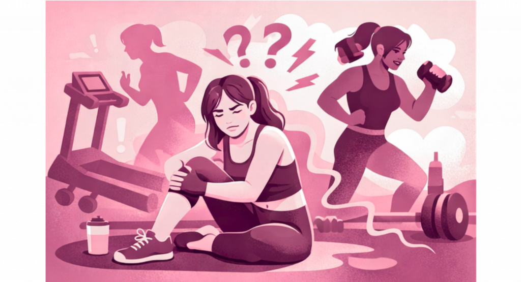 Comic einer Frau mit angestrengtem Gesicht, Sportequipment und einer Frau mit einer Verletzung beim Sport