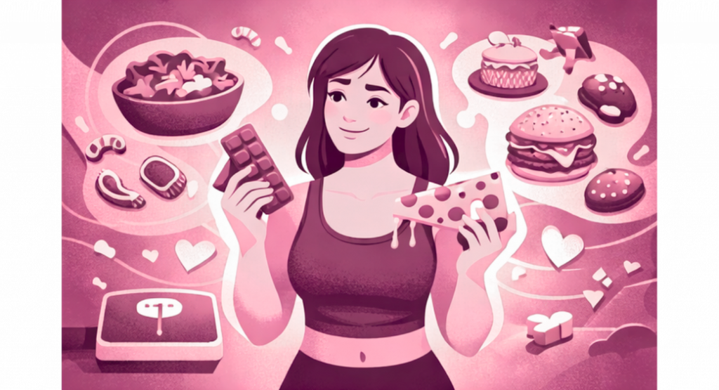 Comit einer Frau mit Pizza und Schokolade in der Hand, Burger, Salat und einer Waage im Hintergrund