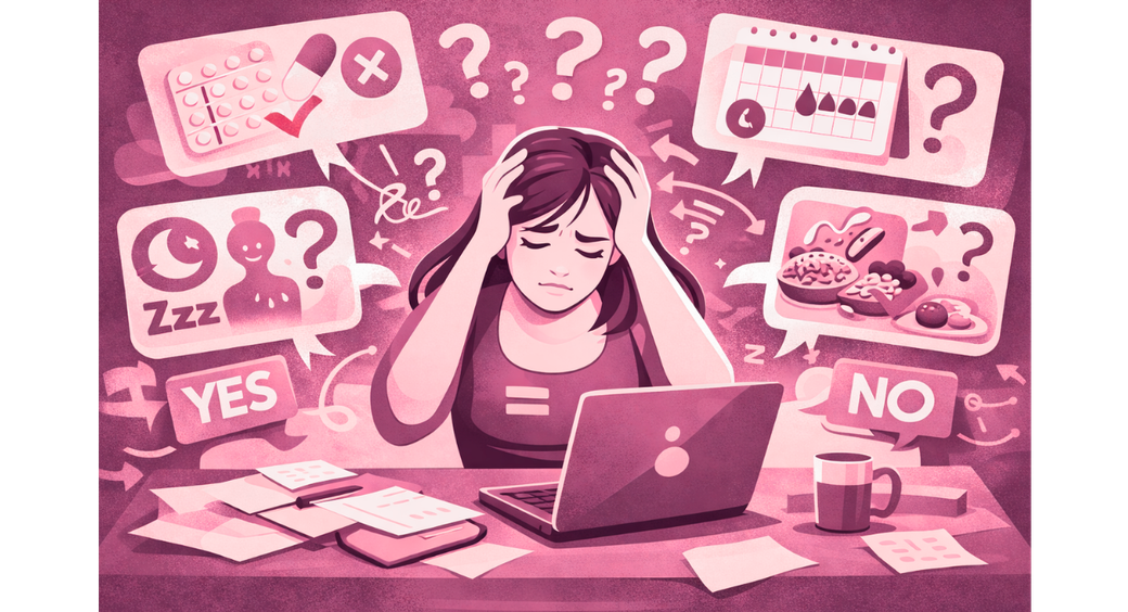 Comic einer gestresst wirkenden Frau vor einem Laptop mit Gedankenblasen mit Menstruationskalender, Pille, Schlaf-Symbolen und verschiedenen Lebensmitteln