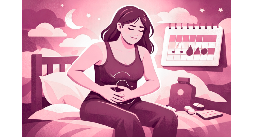 Comic einer Frau, die mit Bauchschmerzen auf dem Bett sitzt mit einem Menstruationskalender im Hintergrund